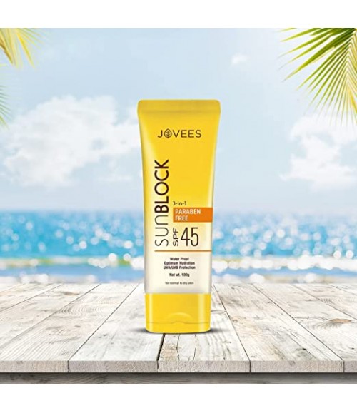 Jovees Herbal Sun Block Sunscreen SPF 45 | For Dry Skin | Water Proof, UVA/UVB Protection, Moisturization| Paraben and Alcohol Free | For Women/Men | 100GM New